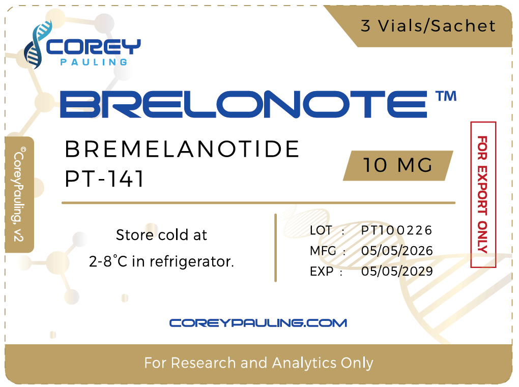 Brelonote bremelanotide PT-141 10 mg sachet label, 3 vials per sachet